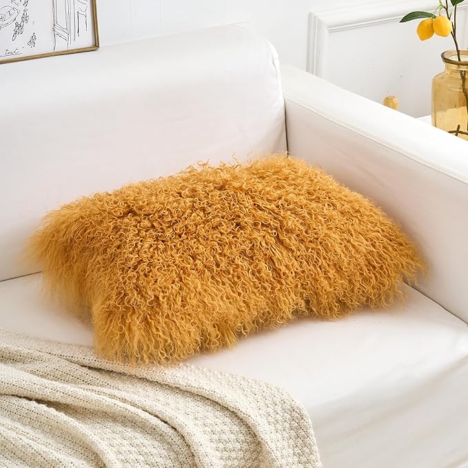 Genuine Mongolian Lamb Fur Pillow Cover – 12"x20" Rectangular Cushion Case – Soft Curly Wool Decorative Accent for Sofa, Bed, or Chair (Mustard Yellow)