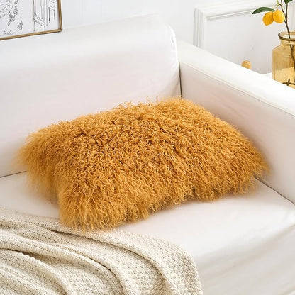 Genuine Mongolian Lamb Fur Pillow Cover – 12"x20" Rectangular Cushion Case – Soft Curly Wool Decorative Accent for Sofa, Bed, or Chair (Mustard Yellow)