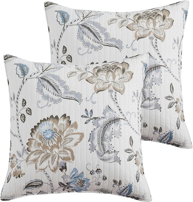 Levtex Home - Maileen Neutral Blue - Euro Sham Set of 2 - Floral - Taupe Blue and Cream - (26x26in.), No Insert - Reversible - Cotton