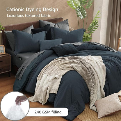 Monbix California King Comforter Set - 7 Pieces Cationic Dyeing Navy Blue Bed in a Bag Cal King Bedding Sets with Comforter, Sheets, Pillowcases & Shams, Reversible Bedding Comforters Sets