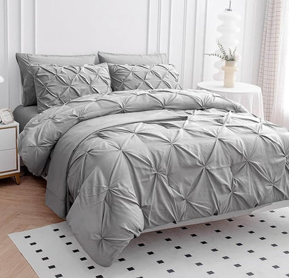LANE LINEN King Size Comforter Set - 7 Piece - Hotel Style Pintuck King Bed in a Bag Set - 1 Comforter, 1 Flat Sheet, 1 Deep-Pocket Fitted Sheet, 2 Pillowcases & 2 Shams - Fluffy & Ultra Soft - Silver | Deep pocket fit, Fluffy soft comfort, Light warmt...