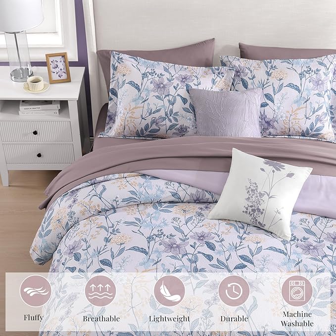 CASAAGUSTO King Comforter Set, 7 PCS Purple Iris Floral Comforter Set with Flowers Leaves Pattern, Soft Seersucker Design All Season King Size Bedding Set(102"X90")