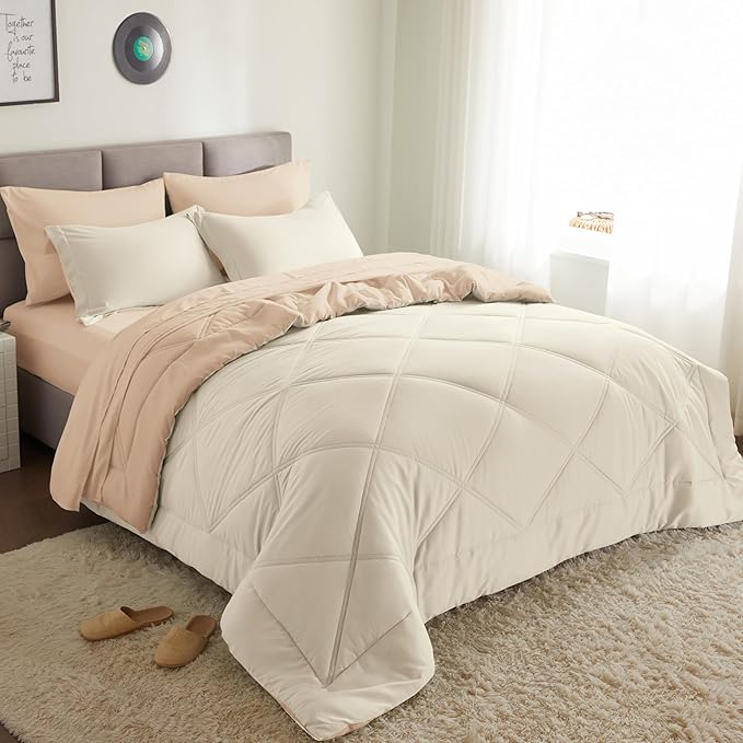 Joiedomi Full Size Comforter Set with Sheets Beige, 7 Pieces Full Size Bed Set with 1 Down Alternative Comforter, 1 Flat Sheet, 1 Fitted Sheet, 2 Pillowcases and 2 Pillow Shams, Bed in a Bag