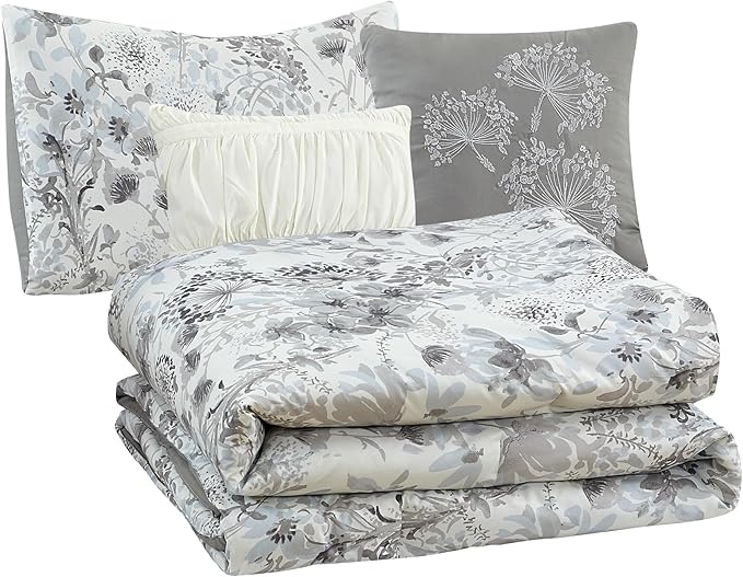 Modern Threads 5-Piece Printed Comforter Set, Giverny Queen in White Grey Blue – Soft Comforter, 2 Pillow Shams, and 2 Decorative Pillows
