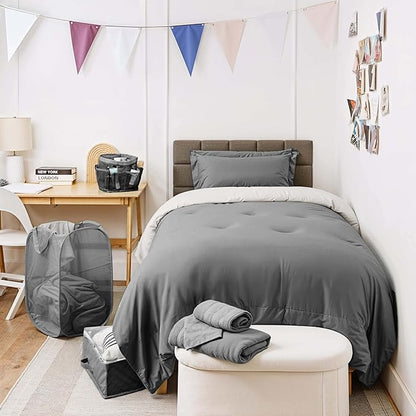 Hearth & Harbor Complete Dorm Room Set, Twin XL Comforter Set, Sheet Set, Pillows, Mattress Protector, Towels and Organizers - All Dorm Accessories Included