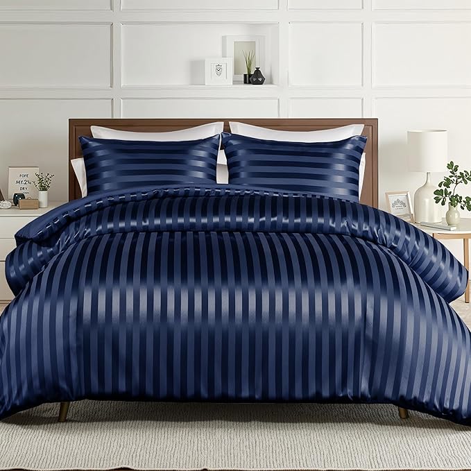 Whale Flotilla 2-Piece Reversible Silky Soft Twin Size Comforter Set, Luxury Stripe Satin Comforter Bedding Set with Satin Pillowcase, Lightweight Duvet for All Seasons, Navy