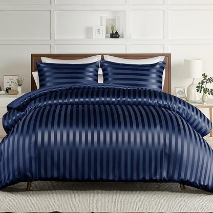 Whale Flotilla 3-Piece Reversible Silky Soft King Size Comforter Set, Luxury Stripe Satin Oversized Comforter Bedding Set with 2 Satin Pillowcases, Lightweight Duvet for All Seasons, Navy