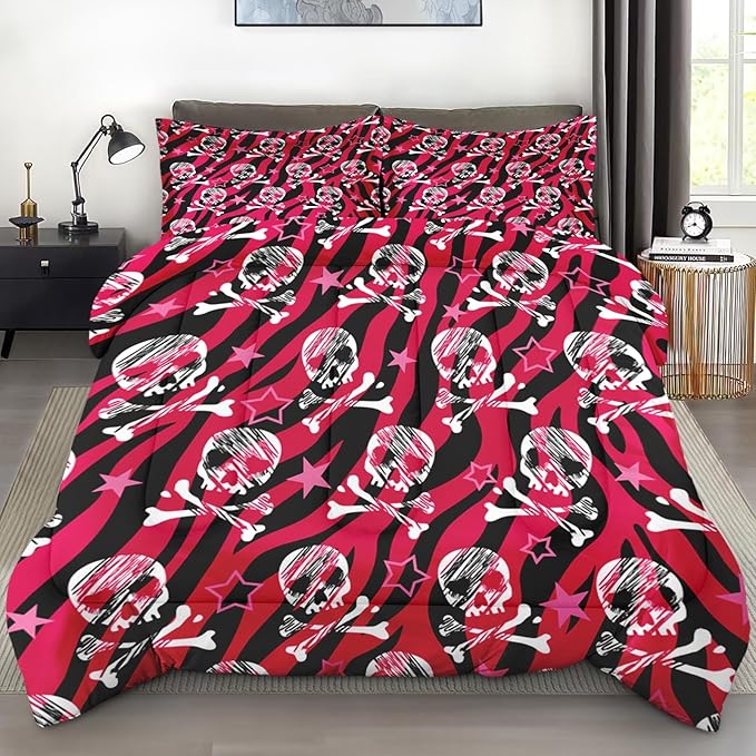 Comforter Set Full Size, Zebra Skull Rock Soft 3 Pcs Bedding for Kids and Adults, Animal Roll Pink Comforter Set with 2 Pillowcases, for Bedroom Bed Decor