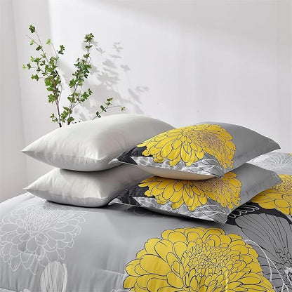 Yiran 7 Pieces Bed in a Bag Yellow Floral Comforter Set Flowers Comforter Sets Soft Microfiber Bedding Set Queen Size (1 Comforter 1 Flat Sheet 1 Fitted Sheet 2 Pillowshams 2 Pillowcases)