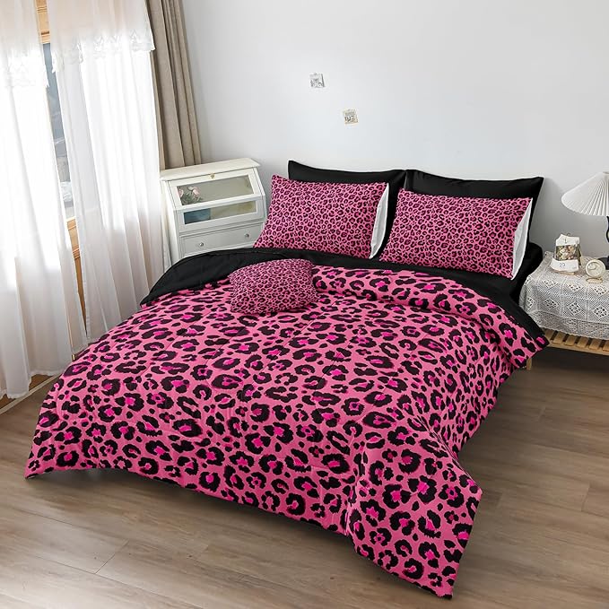 Leopard Print Comforter Queen Black and Pink Bedding Sets 8 Pcs Hot Pink Cheetah Animal Print Texture Wild Leopard Bed in A Bag with Comforter and Sheet Set
