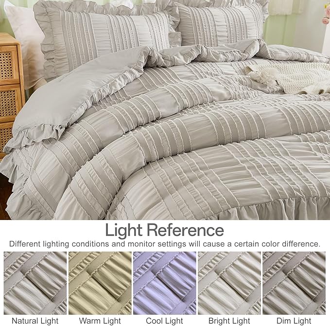 WONGS BEDDING Grey Textured Comforter Set King,3 Pieces Ruffle Farmhouse Shabby Chic Comforter for King Bed,Soft Seersucker Boho Bedding Set with 1 Ruffle Comforter,2 Tufted Pillowcases 104"×90"