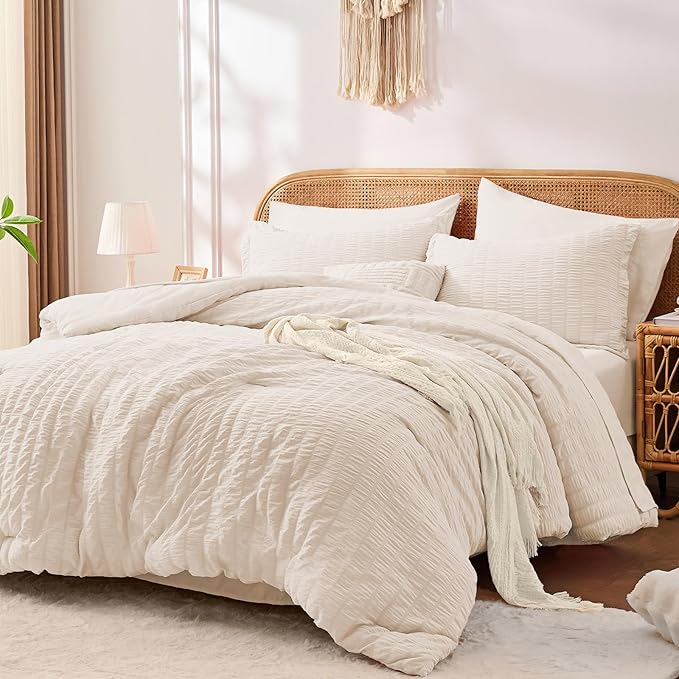FUANNA Full Size Comforter Sets 7 Pieces, Luxury Seersucker Bed in a Bag Full for All Seasons, Soft Bed Sets with Comforter, Flat Sheet, Fitted Sheet, Pillowcases & Shams for Bedroom, Beige