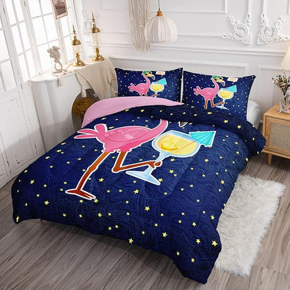HOSIMA Flamingo Bedding Comforter Sets,Holiday Style Flamingo and Stars Printed Comforter for Women Home Decor,Twin Comforter Set for Girls Teens Women with 2 Pillowcases.