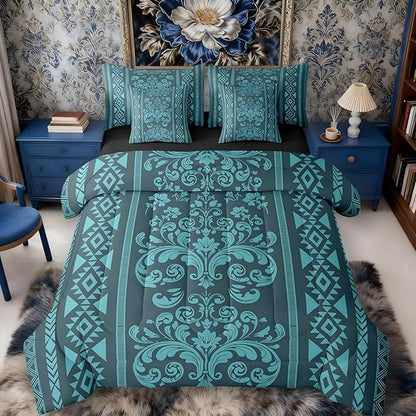 Comforter Set Twin Size, Turquoise Aztec Damask 7 Pcs Bedding for Kids and Adults, Victorian Decor Western Baroque Goth Bed Sheet Sets with Fitted Sheet 2 Pillowcases & 2 Shams for Bedroom Bed Decor