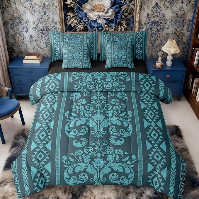 Comforter Set King Size, Turquoise Aztec Damask 7 Pcs Bedding for Kids and Adults, Victorian Decor Western Baroque Goth Bed Sheet Sets with Fitted Sheet 2 Pillowcases & 2 Shams for Bedroom Bed Decor