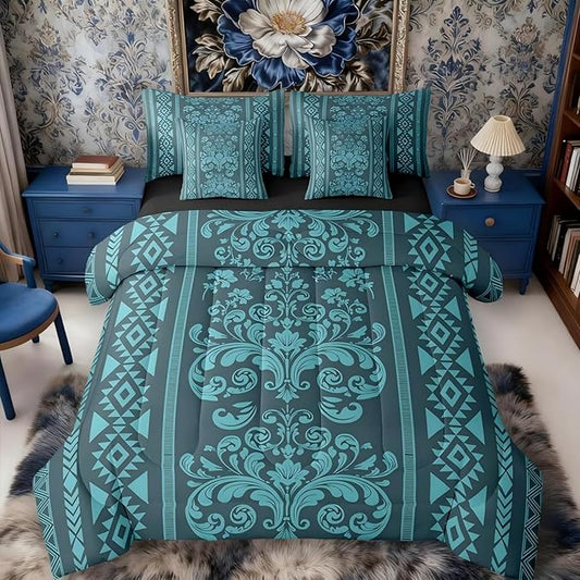 Comforter Set King Size, Turquoise Aztec Damask 7 Pcs Bedding for Kids and Adults, Victorian Decor Western Baroque Goth Bed Sheet Sets with Fitted Sheet 2 Pillowcases & 2 Shams for Bedroom Bed Decor