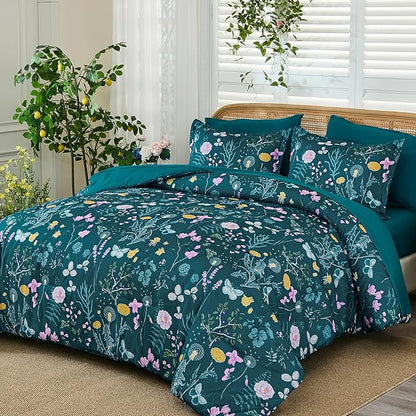 Yiran Teal Blue Comforter Set King Size, 7 Piece Floral Botanical Comforter Bedding Set, Farmhouse Bed in a Bag, Soft Microfiber Complete Bedding Set with Sheets for All Season