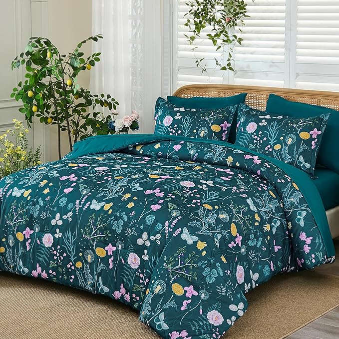 Yiran Teal Blue Comforter Set Queen Size, 7 Piece Floral Botanical Comforter Bedding Set, Farmhouse Bed in a Bag, Soft Microfiber Complete Bedding Set with Sheets for All Season