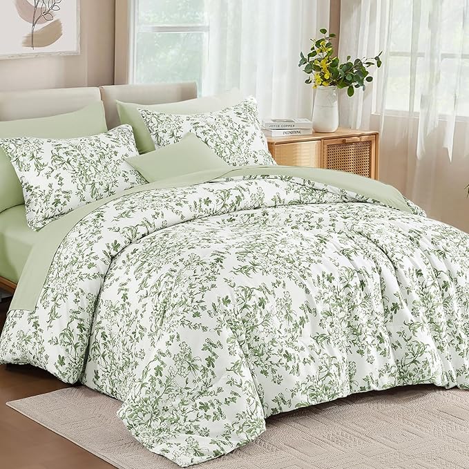 WONGS BEDDING 8 Pieces Full Size Comforter Set Green, Sage Green Floral Bed in a Bag Comforter Sets, Soft Reversible Botanical Flowers Bedding Sets for All Season (78"x90")