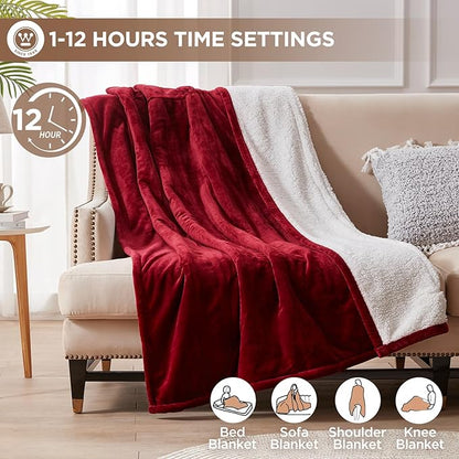 Westinghouse Heated Throw Blanket, Soft Flannel to Sherpa Electric Throw with 6 Heating Levels, 2-10 Hours Time Settings, Fast Heating, Machine Washable 50x60 Inch, Red