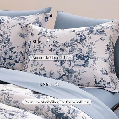 Queen Comforter Set -7 Pieces Floral Blue Comforter Set for All Seasons, Bed in a Bag Queen with Botanical Flowers Comforter, Sheets, Pillowcases & Shams