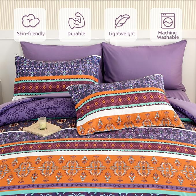 WONGS BEDDING Boho Comforter Set Queen Size,7 Pieces Bohemian Comforter Bedding Set Bed in a Bag,Purple Paisley Floral Comfortet and Sheet Set,Soft Microfiber Striped Bedding Sets for All Season