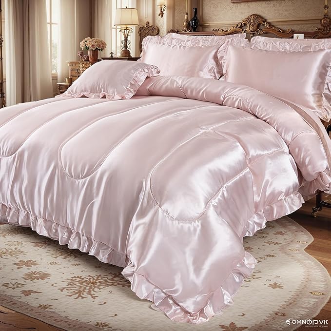 Luxury Silky Comforter Set with Sheet Set King 8 Pieces Light Pink Bedding Set Silk Like Satin Ruffle Pattern Home Deocr Sexy Hotel Silky Bed Set with 1 Cushion Cover
