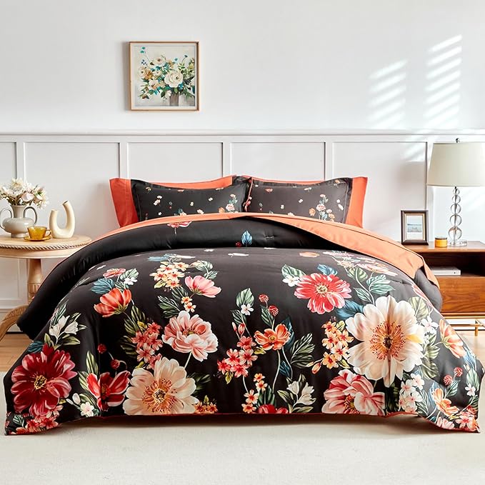 Joyreap 7 Piece Bed in a Bag Queen, Floral Comforter Sheet Set, Black n Orange Flowers Design, All Season Microfiber Bedding Comforter Set