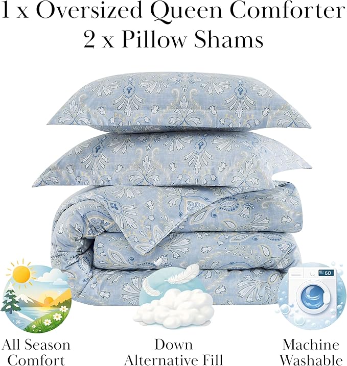 Southshore Fine Living, Inc. Paisley Grace Collection - Full/Queen Comforter Set, Premium Bedding, All-Season Down Alternative, Oversized 3-Piece Comforter Set, Full/Queen, Blue