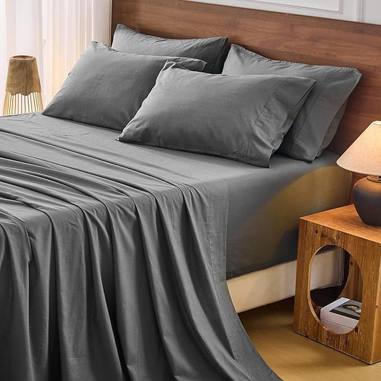 Bedlifes 100% French Flax Linen Sheets Set Queen Size - 6 Piece Extra Deep Pocket 18-24",Soft Breathable Queen Bed Sheets with Temperature Regulating & Moisture-Wicking(Dark Grey