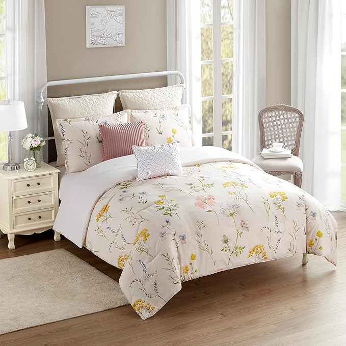 Queen Comforter Set 7 Piece Ultra Soft Fashion Printed Bedding Sets with Shams, Decorative Throw Pillows, and Pillowcases, Queen, Mazie Flowers