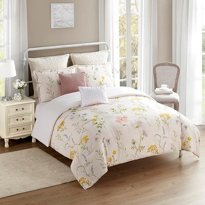 Queen Comforter Set 7 Piece Ultra Soft Fashion Printed Bedding Sets with Shams, Decorative Throw Pillows, and Pillowcases, Queen, Mazie Flowers