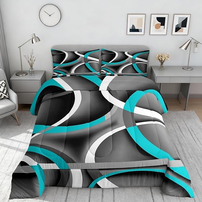 Castle Fairy Retro Circle Comforter Set Queen Size Blue Gray Black Bedding Set for Kids Boys Girls Bedroom Decoration Stripe Line Art Bed Duvet Insert Geometric Modern Comforter with 2 Pillowcase