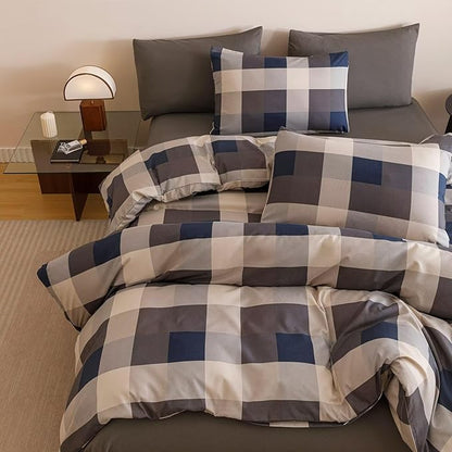 Cottonight Checkered Blue Comforter Set Twin Gingham Grid Bedding Set Navy and Khaki Grid Comforter Fluffy Soft Bedding Set Kids Teens Twin Comforter with 2 Pillowcases