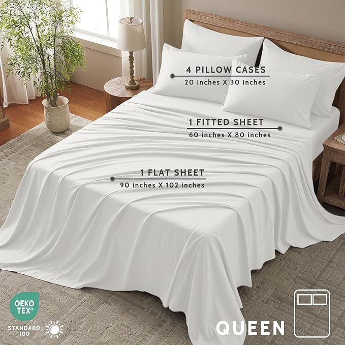 Queen Sheet Set - 6 Piece Sheets Queen Size Bed Set - Breathable & Cooling Hotel Luxury Bedding Set - Soft & Comfy Fully Elasticized 16" Deep Pocket Queen Sheets (Queen White)