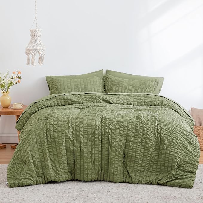 Love's cabin Seersucker Sage Green Twin Comforter Set, 5-Piece All Season Lightweight Bed in a Bag Bedding Set with Comforter, Flat Sheet, Fitted Sheet, Pillowcase and Sham | Soft, Breathable, Lightweight