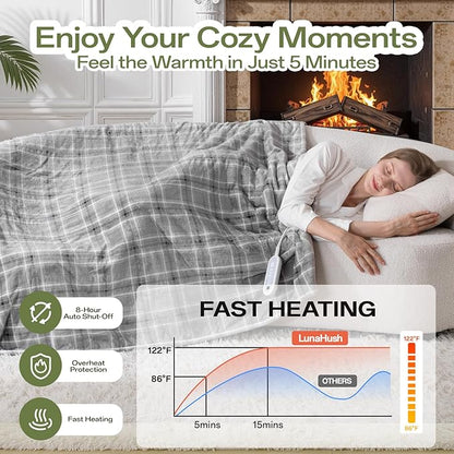 Electric Blanket Heated Throw, 50" x 60" Heated Blanket with 8 Heat Levels & 8 Hours Auto Off, Fast Heating Blankets with ETL & FCC Certification, Grey Plaid