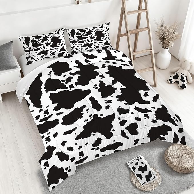 Kids Cow Print Comforter Set King Size Cartoon Milk Cute Cartoon Bedding Set for Kids and Adults Microfiber Cow Print Farmhouse Bed Set Ultra Soft Bedding Set for All Seasons