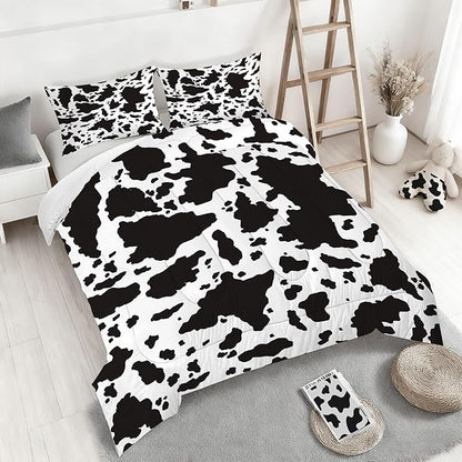Kids Cow Print Comforter Set King Size Cartoon Milk Cute Cartoon Bedding Set for Kids and Adults Microfiber Cow Print Farmhouse Bed Set Ultra Soft Bedding Set for All Seasons