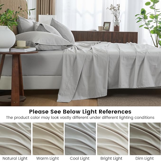 Simple&Opulence Belgian Linen Sheet Set Solid Color - 6 Pieces (1 Flat Sheet & 1 Fitted Sheet & 4 Pillowcases) 16" Deep Pocket Natural Flax Cotton Blended Soft Bedding - Khaki Grey, Queen Size