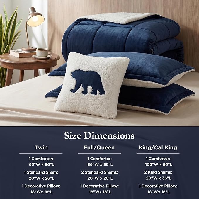 Woolrich Reversible Comforter Set Ultra Soft Plush to Sherpa, Down Alternative, Cold Weather Winter Warm Bedding, with Matching Sham, Decorative Pillow Navy/Ivory King 4 Piece