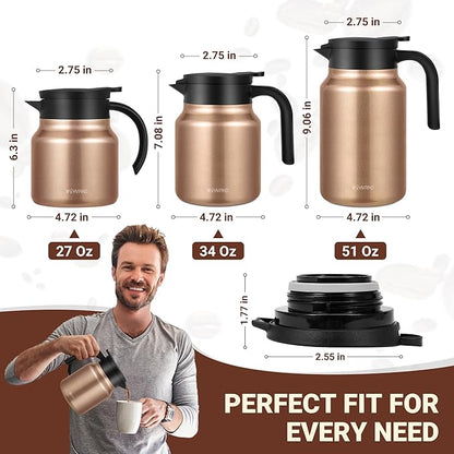 34Oz Thermal Coffee Carafes For Keeping Hot/Cold, Stainless Steel Coffee Carafe, Dustproof Insulated Water Carafe for Party/Home,Copper