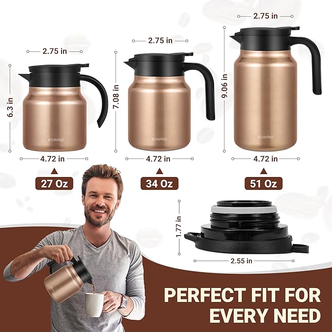 51Oz Thermal Coffee Carafes For Keeping Hot/Cold, Stainless Steel Coffee Carafe, Dustproof Insulated Water Carafe for Party/Home, Copper