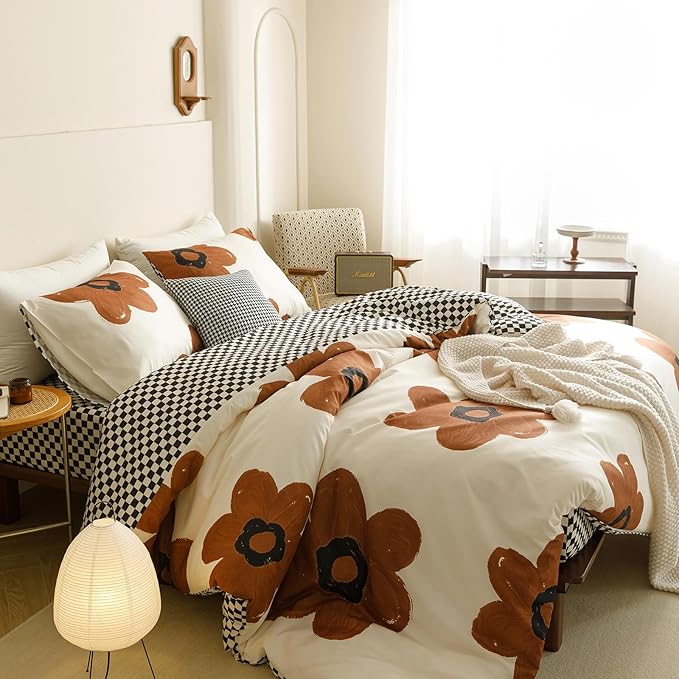 CLOTHKNOW Brown Floral Full Size Comforter Sets 3Pcs Sunflower Bedding Comforter Sets Black White Plaid Comforter Botanical Comforter with 2 x Pillow Cases