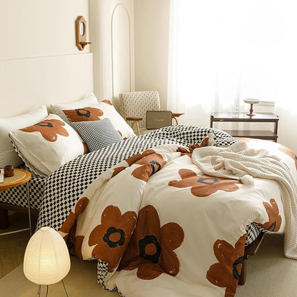 CLOTHKNOW Brown Floral Full Size Comforter Sets 3Pcs Sunflower Bedding Comforter Sets Black White Plaid Comforter Botanical Comforter with 2 x Pillow Cases