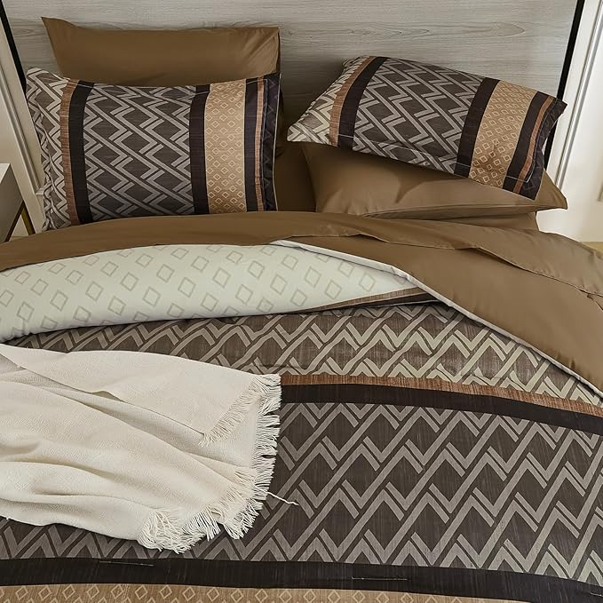 Cottolester Brown Comforter Set King Size,Boho Striped Bed in a Bag,7 Piece Plaid Comforter and Sheet Set, Soft Microfiber Complete Bedding Sets