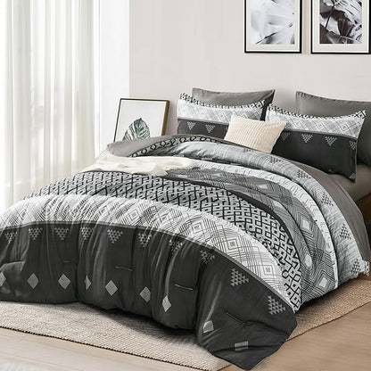 Xruibed Blcak King Comforter Set 7 Pieces, Black Grey Boho Striped Bed in a Bag King Size Soft Microfiber All Season Bedding Set with Comforter, Sheets, Pillowcases & Shams(104"×90")