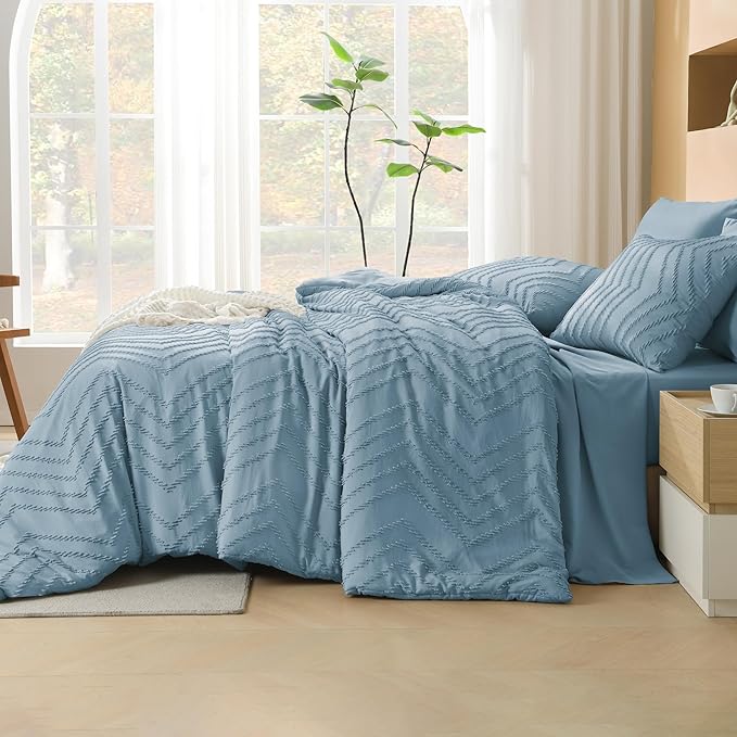 Litanika Twin XL Comforter Set Dusty Blue - Boho Tufted Shabby Chic Bed in a Bag for College Dorm, 5 Pieces Fluffy Soft Farmhouse Bed Set for All Seasons