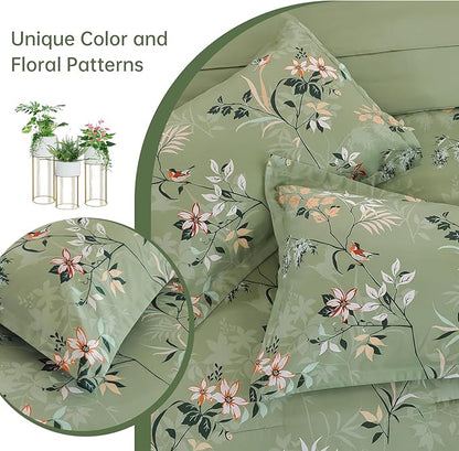 Green Queen Comforter Size Set, 7 Pieces Floral Bed in a Bag Bedding Sets, Lightweight Soft Comforter and Sheet Set, All Season Microfiber Flower Bedding Sets