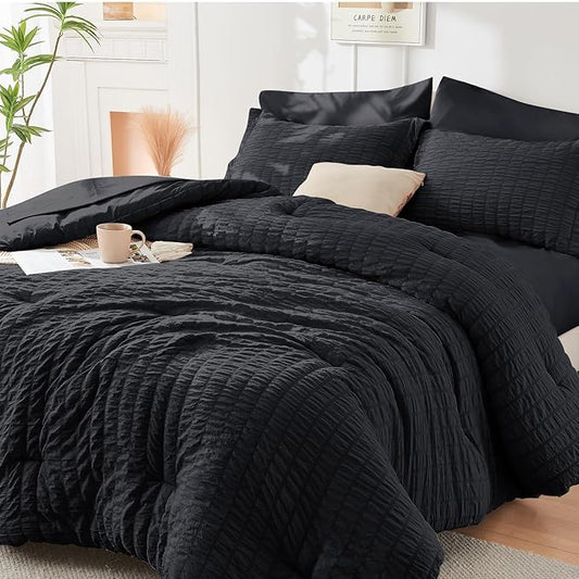 HYMOKEGE Black Oversized Queen Comforter Set Seersucker 7 Pieces, All Season Luxury Bed in a Bag for Bedroom, Bedding Set with Comforter, Sheets, Pillowcases & Shams